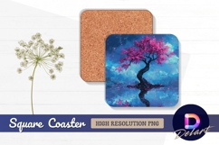 Pink blossom tree reflected in water Square Coaster PNG Product Image 1