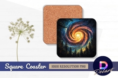 Galaxy vortex over forest landscape Square Coaster PNG Product Image 1