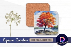 Watercolor autumn tree lake Square Coaster PNG Product Image 1