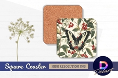Butterfly with berries and flowers Square Coaster PNG Product Image 1