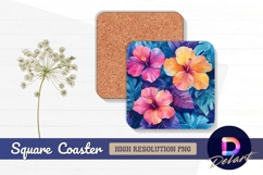 Watercolor hibiscus flowers and tropical Square Coaster PNG Product Image 1