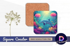 Dolphin swimming in coral reef with Square Coaster PNG Product Image 1