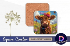 Highland cow calf with rainbow bow Square Coaster PNG Product Image 1
