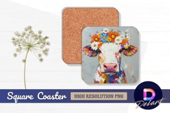 Colorful cow portrait with flower Square Coaster PNG Product Image 1