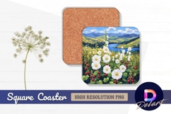 Oil painting white flowers landscape Square Coaster PNG Product Image 1