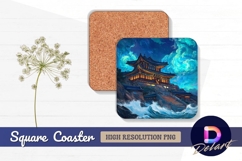 Korean temple on the coast at night Square Coaster PNG Product Image 1