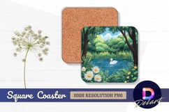 Swan on pond in forest cartoon Square Coaster PNG Product Image 1