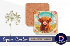 Highland cow rainbow field flower frame square coaster png Product Image 1