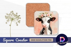 Cute cow calf with floral crown portrait Square Coaster PNG Product Image 1