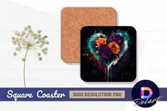 Watercolor roses heart black background square coaster png Product Image 1