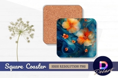 Orange flowers flowing on blue abstract Square Coaster PNG Product Image 1