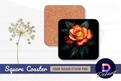 Elegant orange rose with dark leaves Square Coaster PNG Product Image 1