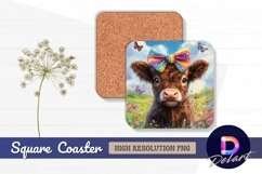 Cute cow with rainbow bow and Square Coaster PNG Product Image 1