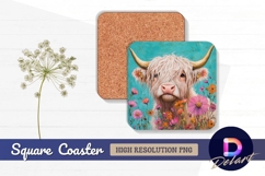 Highland cow in flowers Square Coaster PNG Product Image 1