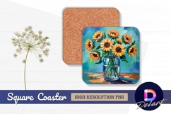 Sunflowers in vase still life painting Square Coaster PNG Product Image 1