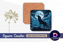 Wolf howling at moon in forest night Square Coaster PNG Product Image 1