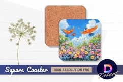Birds over flower field Square Coaster PNG Product Image 1