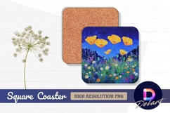 Vibrant yellow poppies on night field Square Coaster PNG Product Image 1