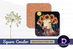 Cow with sunflowers under moonlit Square Coaster PNG Product Image 1