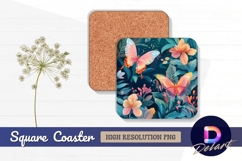 Tropical butterfly garden with peach Square Coaster PNG Product Image 1