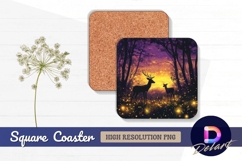 Deer in enchanted forest at sunset Square Coaster PNG Product Image 1