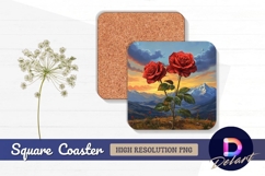Two red roses mountain landscape Square Coaster PNG Product Image 1