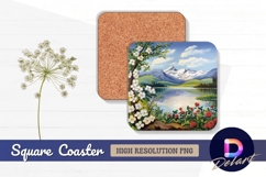 Serene mountain lake floral Square Coaster PNG Product Image 1