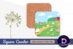 Cartoon farm scene with animals Square Coaster PNG Product Image 1