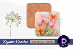 Pink tulips with orange butterflies Square Coaster PNG Product Image 1