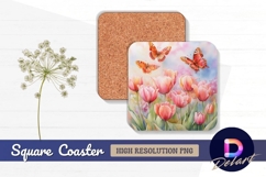 Watercolor tulips with butterflies floral Square Coaster PNG Product Image 1
