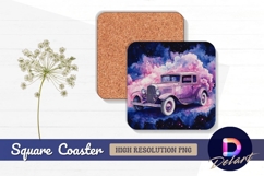 Watercolor antique car pink cloud Square Coaster PNG Product Image 1