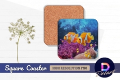 Clownfish swimming among coral Square Coaster PNG Product Image 1