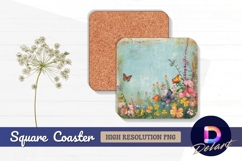 Floral meadow with butterflies Square Coaster PNG Product Image 1