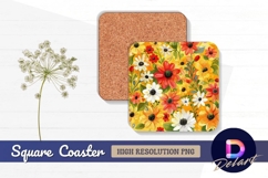 Vibrant floral pattern on warm orange Square Coaster PNG Product Image 1