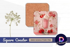 Strawberry milkshake with flowers Square Coaster PNG Product Image 1