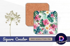 Watercolor tropical flowers and leaves Square Coaster PNG Product Image 1