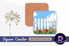 Watercolor flowers and fence for square coaster png Product Image 1