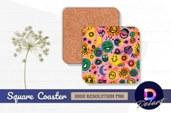 Colorful whimsical pattern with smiley Square Coaster PNG Product Image 1