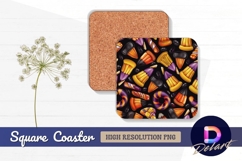 Halloween candy pattern on black Square Coaster PNG Product Image 1