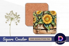 Watercolor sunflowers in wooden crate Square Coaster PNG Product Image 1