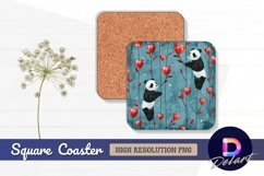 Pandas with heart flowers on blue Square Coaster PNG Product Image 1