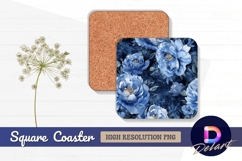 Blue peony floral watercolor pattern square coaster png Product Image 1