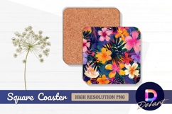 Vivid tropical flower and leaf pattern Square Coaster PNG Product Image 1