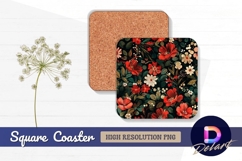 Dark floral with red Square Coaster PNG Product Image 1