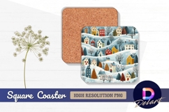 Whimsical winter village scene with Square Coaster PNG Product Image 1