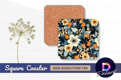 Floral pattern with orange accents on Square Coaster PNG Product Image 1