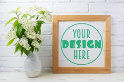 Square wooden picture frame mockup with bird cherry bouquet Product Image 1