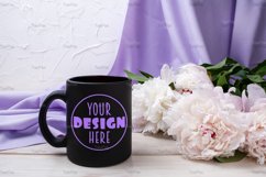 Black coffee mug mockup with pink peony and lilac scarf. Product Image 1