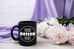 Black coffee mug mockup with pink peony and lilac scarf. Product Image 3