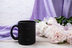 Black coffee mug mockup with pink peony and lilac scarf. Product Image 2